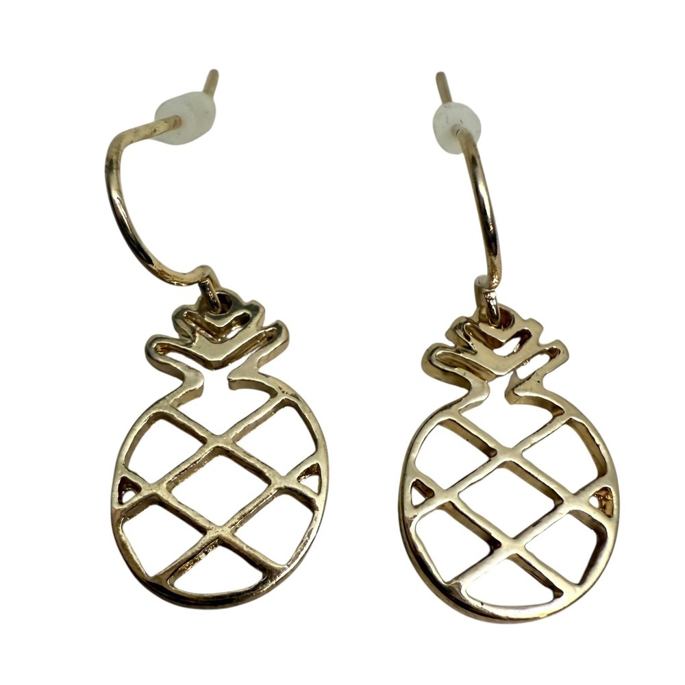 Pineapple Gold Tone Hoop Dangle Earrings Tropical Pierced Fashion Jewelry 1 in H